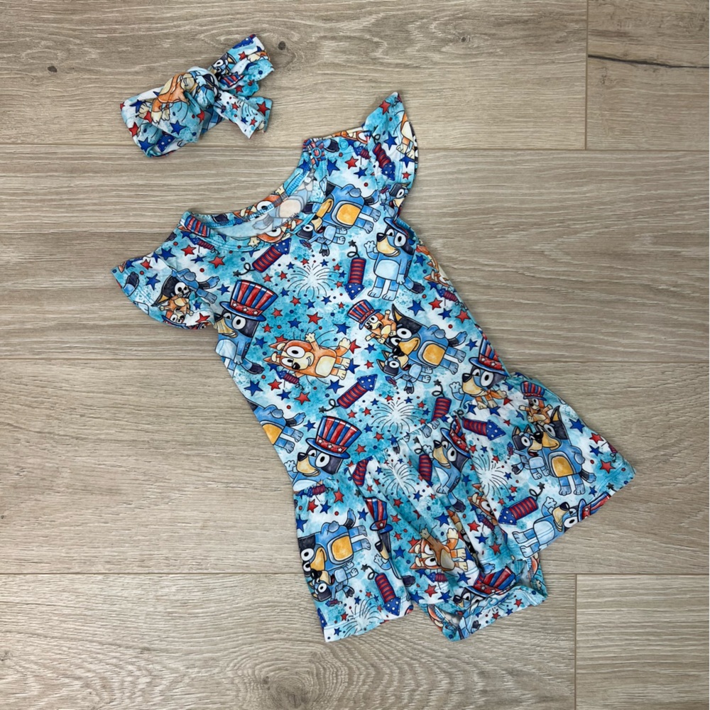 Charlie’s Project Kids Bluey Fireworks Fourth of July Bamboo Twirl Dress & Bow
